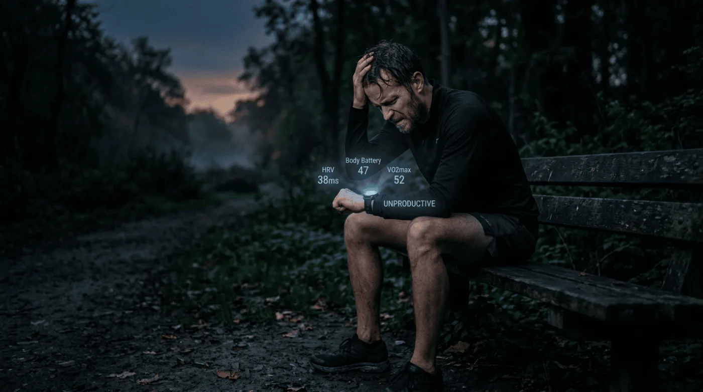 Бегун в растерянности смотрит на данные Garmin — HRV, Body Battery, Unproductive — и не понимает, что с ними делать